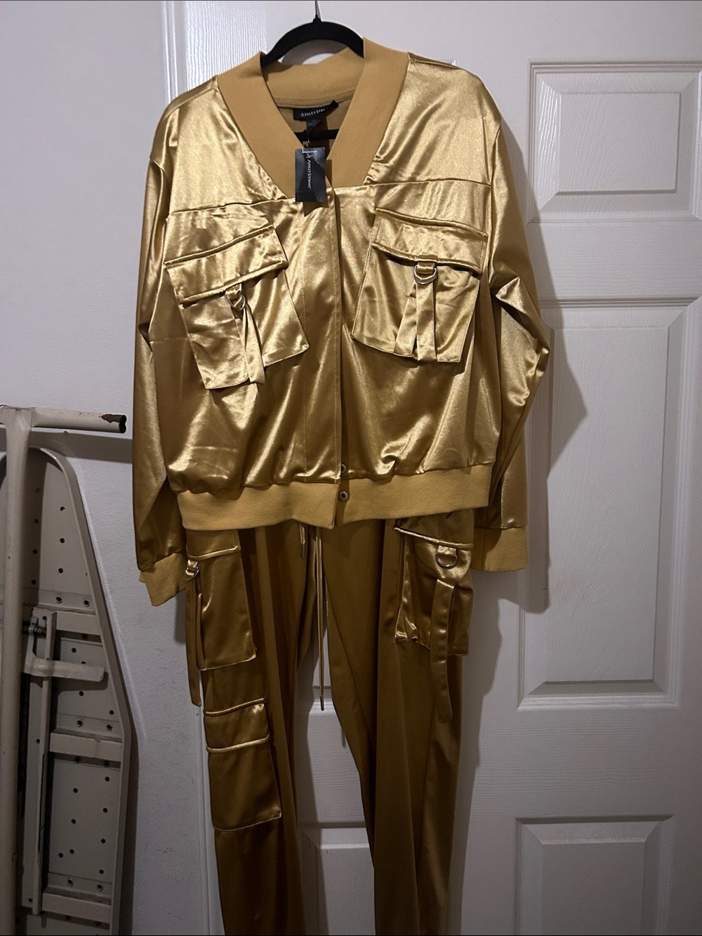 Ashley Stewart Metallic Gold Satin Cargo Pantsuit